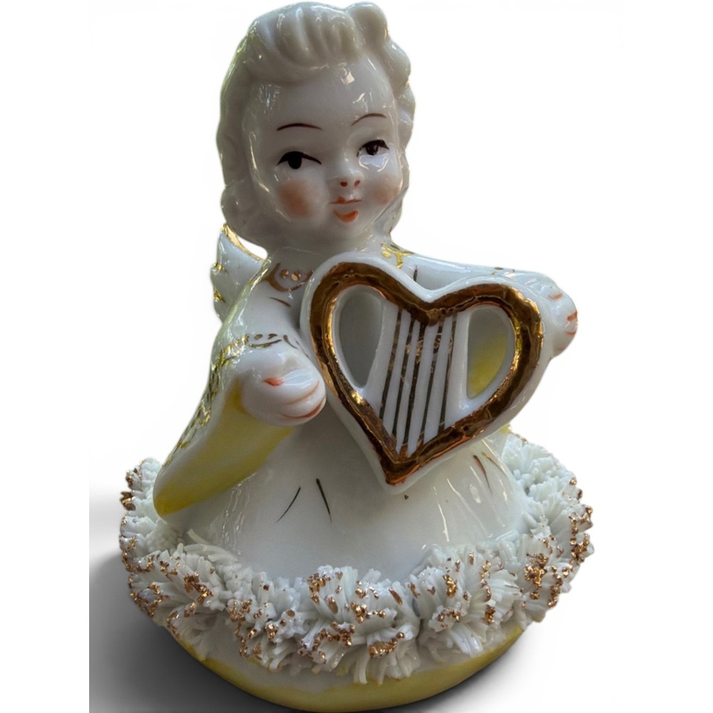 Vintage 1950s Blume Porcelain Spaghetti Trim Angel playing a heart-shaped harp